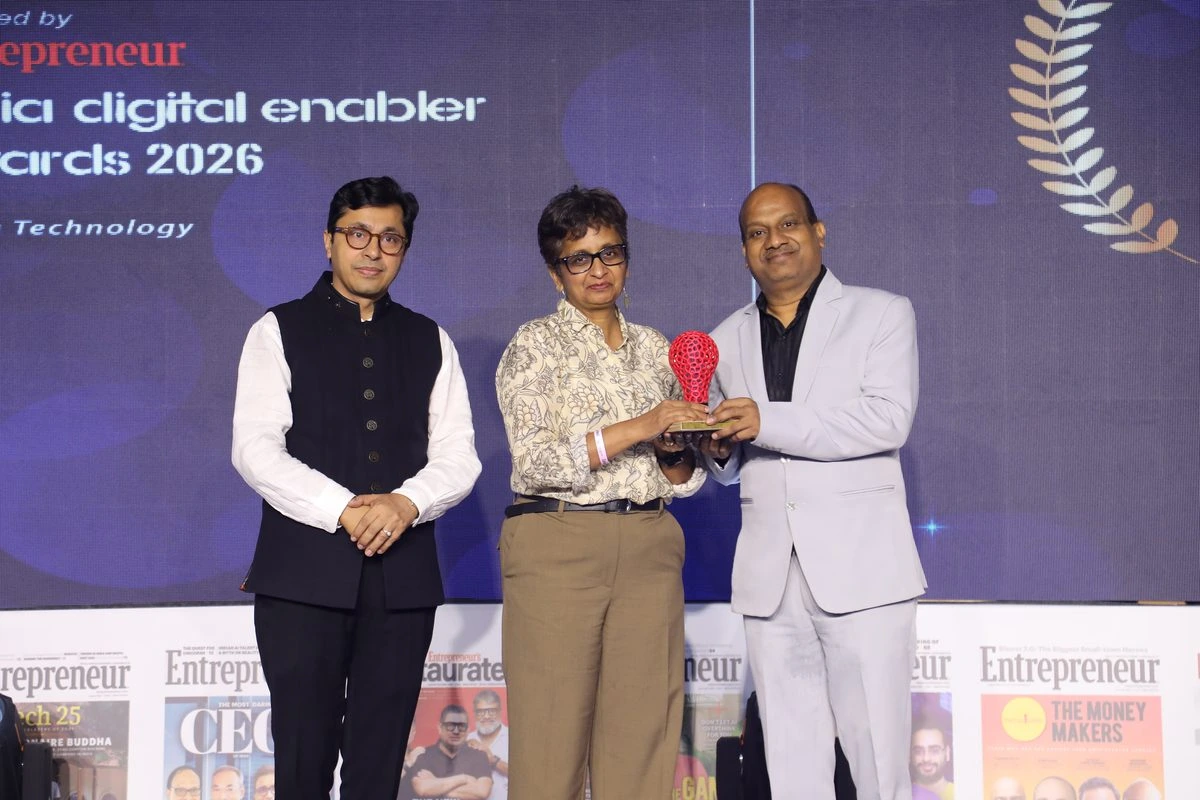 Sanjeev Agrawal receiving the Best Digital Transformation in Healthcare award on stage at the AIW3 x India Digital Enabler Awards 2026